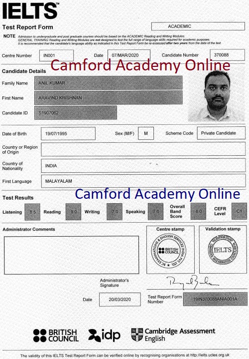 IELTS in Kerala - ARAVIND KRISHNAN scores 8 in his IELTS Acdemic module. Camford IELTS Kerala.